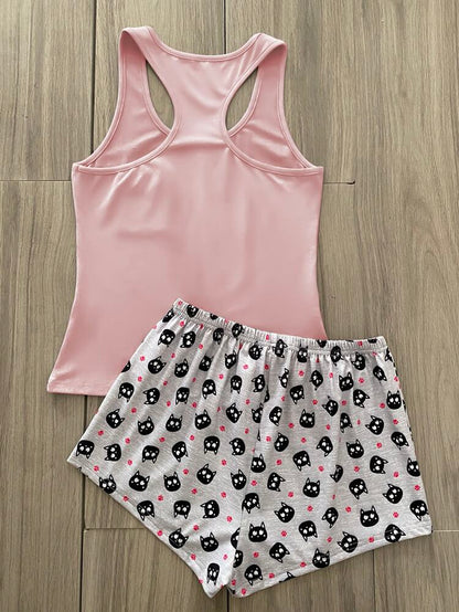 Women’s Pink Cat Print Tank & Shorts Pajama Set – Cute Cartoon Two Piece Sleepwear Set