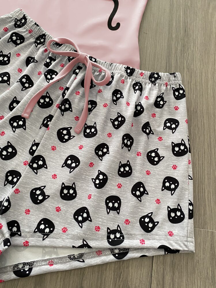 Women’s Pink Cat Print Tank & Shorts Pajama Set – Cute Cartoon Two Piece Sleepwear Set