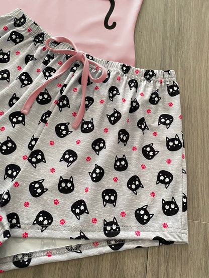 Women’s Pink Cat Print Tank & Shorts Pajama Set – Cute Cartoon Two Piece Sleepwear Set
