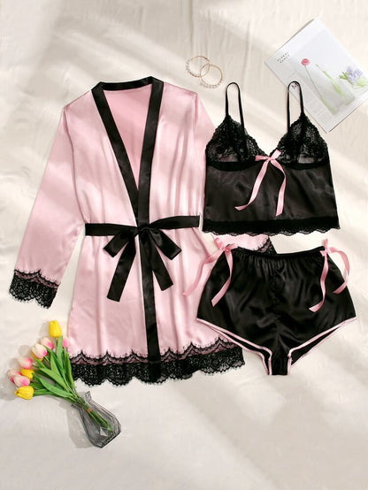 Satin Lace 3-Piece Pajama Set with Robe – Women Elegant Sleepwear
