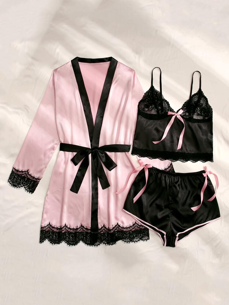Satin Lace 3-Piece Pajama Set with Robe – Women Elegant Sleepwear
