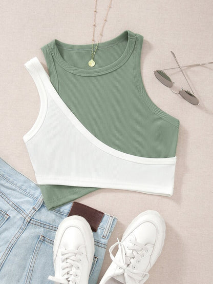 Women’s Sage Green & White Asymmetrical Ribbed Tank Top – Sleeveless Colorblock Casual Summer Top