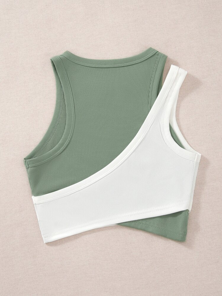 Women’s Sage Green & White Asymmetrical Ribbed Tank Top – Sleeveless Colorblock Casual Summer Top