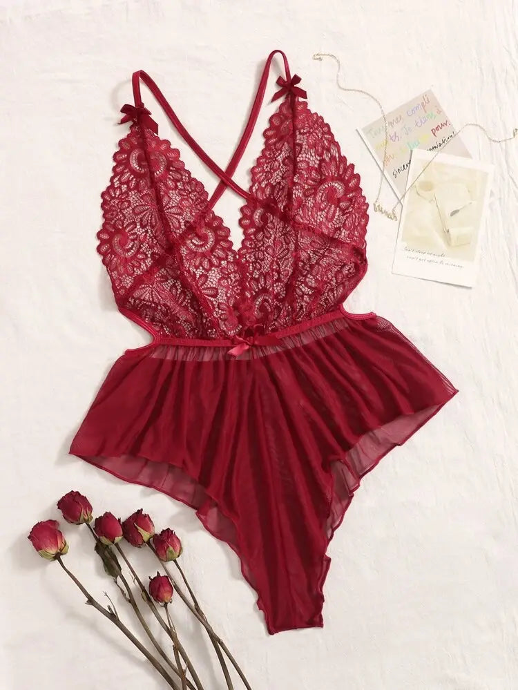 Women Red Lace Lingerie Bodysuit â€“ Shein Style Deep V Lace Teddy