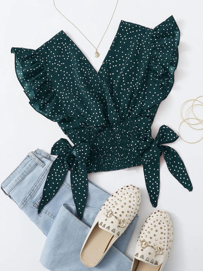 Women’s Dark Green Polka Dot Ruffle Wrap Top – Tie Side Flutter Sleeve Summer Blouse