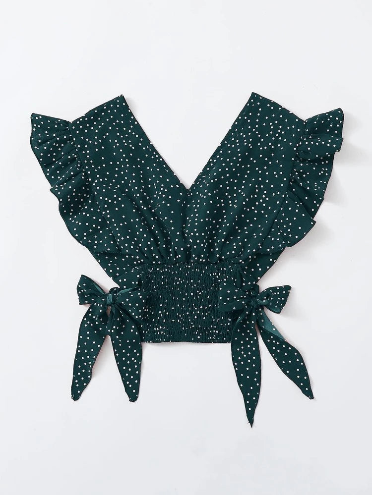 Women’s Dark Green Polka Dot Ruffle Wrap Top – Tie Side Flutter Sleeve Summer Blouse