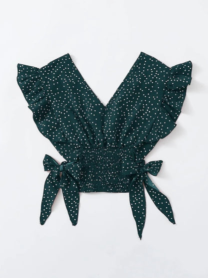 Women’s Dark Green Polka Dot Ruffle Wrap Top – Tie Side Flutter Sleeve Summer Blouse