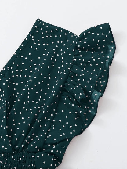 Women’s Dark Green Polka Dot Ruffle Wrap Top – Tie Side Flutter Sleeve Summer Blouse