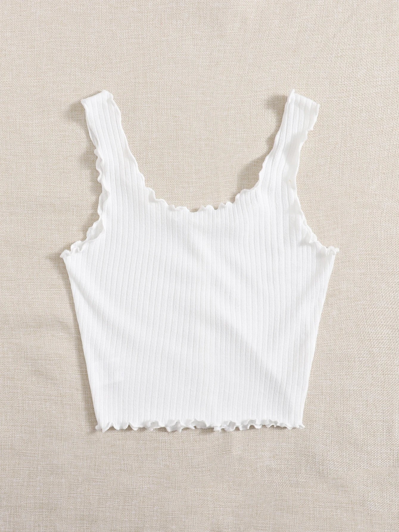 Women’s White Ribbed Ruffle Strap Button Tank Top
