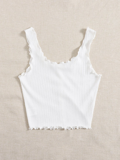 Women’s White Ribbed Ruffle Strap Button Tank Top
