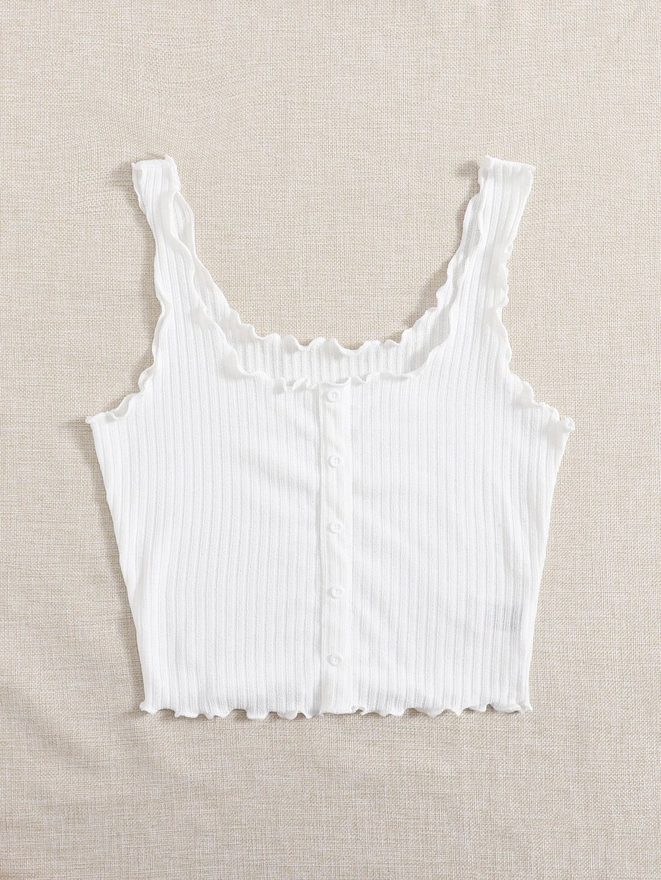 Women’s White Ribbed Ruffle Strap Button Tank Top
