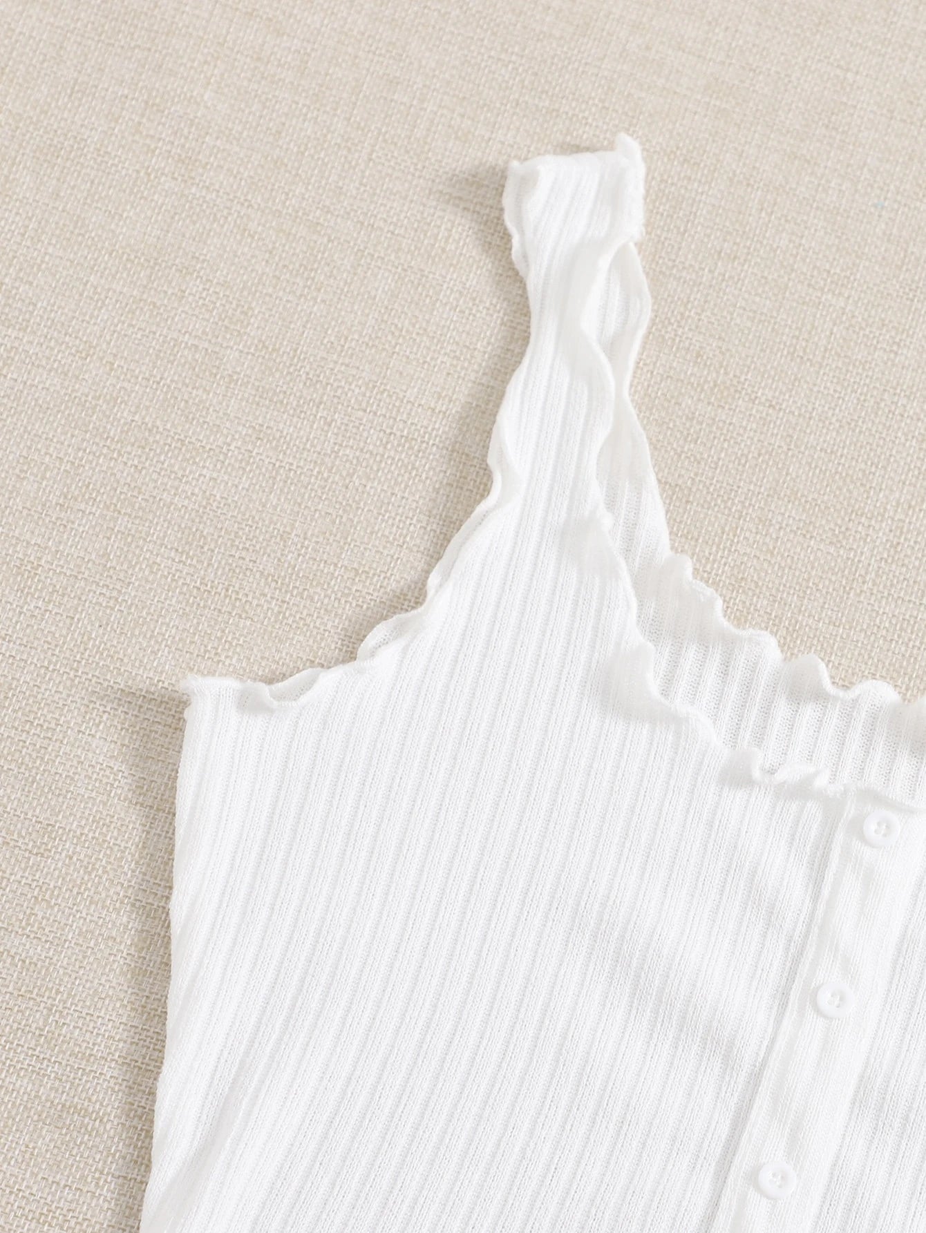 Women’s White Ribbed Ruffle Strap Button Tank Top