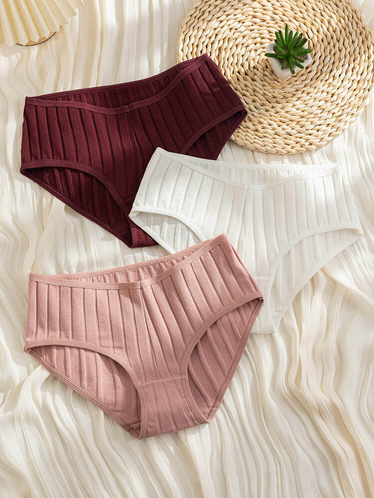 3-Piece Ribbed Cotton Women’s Brief Panty Set – High Comfort Soft Stretch Everyday Underwear in Burgundy, White & Dusty Pink