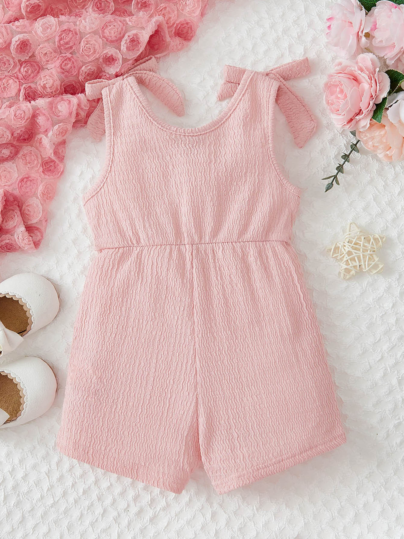 Baby Girls Pink Textured Bow Shoulder Romper