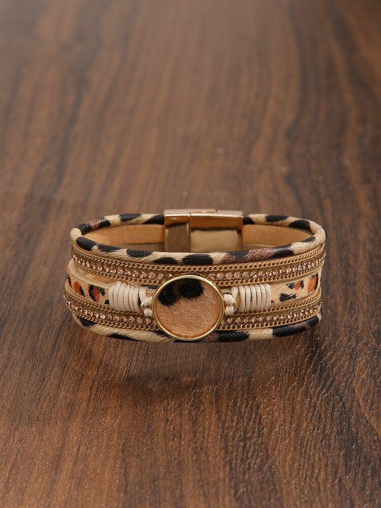 Leopard Print Layered Wrap Bracelet – Gold Tone Magnetic Clasp Statement Bracelet for Women