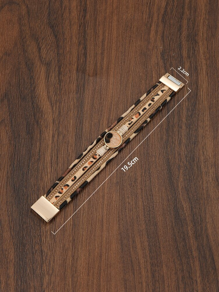 Leopard Print Layered Wrap Bracelet – Gold Tone Magnetic Clasp Statement Bracelet for Women