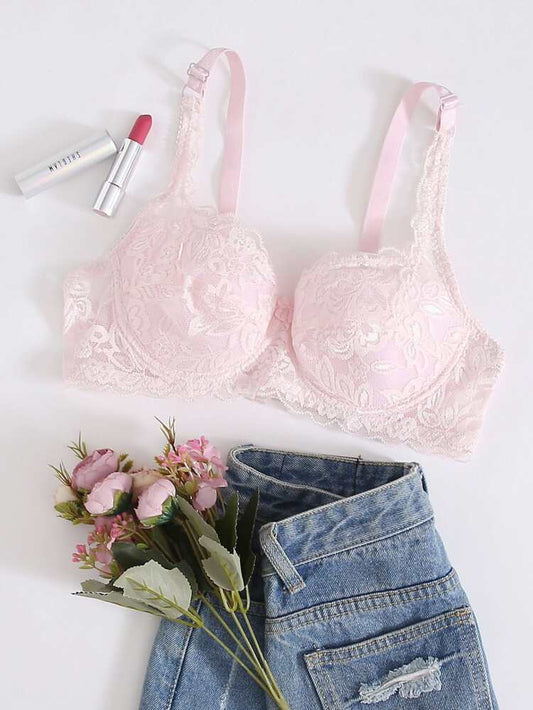 Women’s Floral Lace Underwire Bra – Light Pink Padded Support Bra with Adjustable Straps for Everyday Elegance