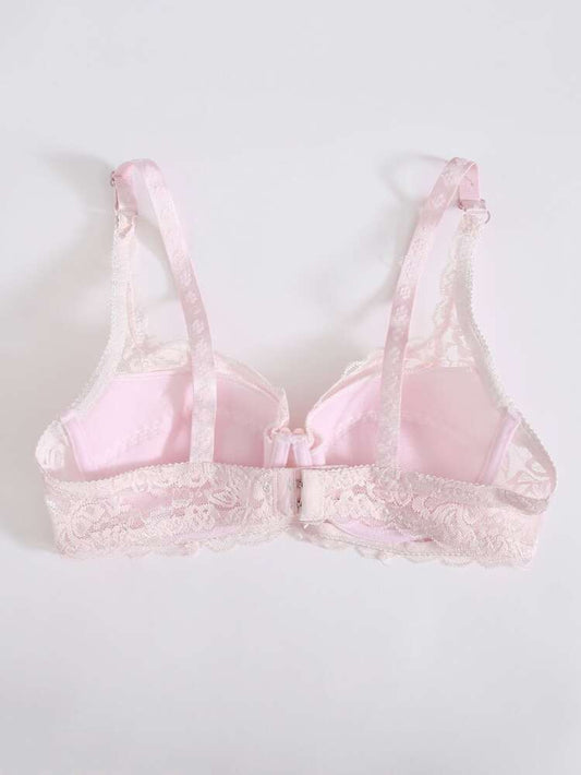 Women’s Floral Lace Underwire Bra – Light Pink Padded Support Bra with Adjustable Straps for Everyday Elegance