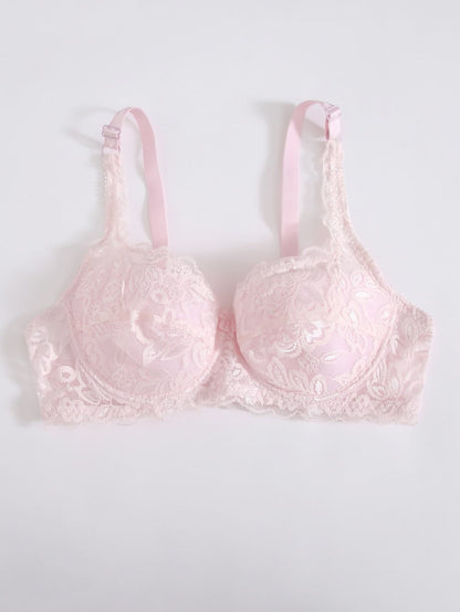Women’s Floral Lace Underwire Bra – Light Pink Padded Support Bra with Adjustable Straps for Everyday Elegance