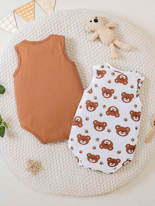 حزمة من 2 بودي سوت بدون أكمام للرضع – طقم من قطعة واحدة من القطن باللون البني السادة وطبعة دب