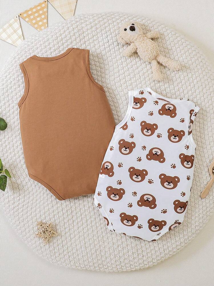 Baby 2-Pack Sleeveless Bodysuits – Solid Brown & Teddy Bear Print Cotton Onesie Set