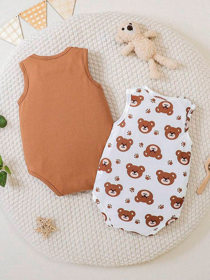 Baby 2-Pack Sleeveless Bodysuits – Solid Brown & Teddy Bear Print Cotton Onesie Set