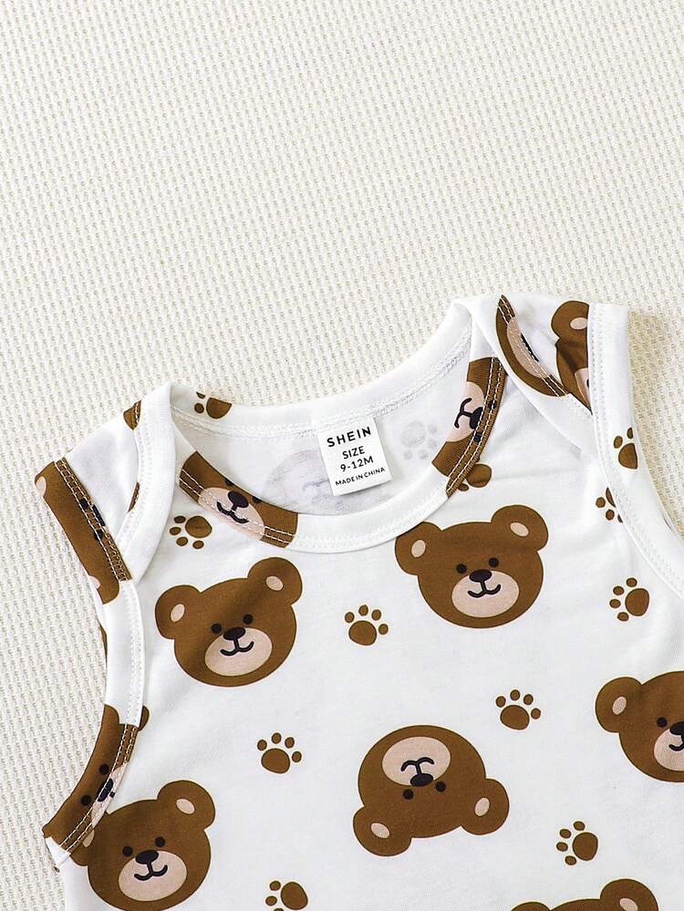 Baby 2-Pack Sleeveless Bodysuits – Solid Brown & Teddy Bear Print Cotton Onesie Set