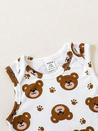 Baby 2-Pack Sleeveless Bodysuits – Solid Brown & Teddy Bear Print Cotton Onesie Set
