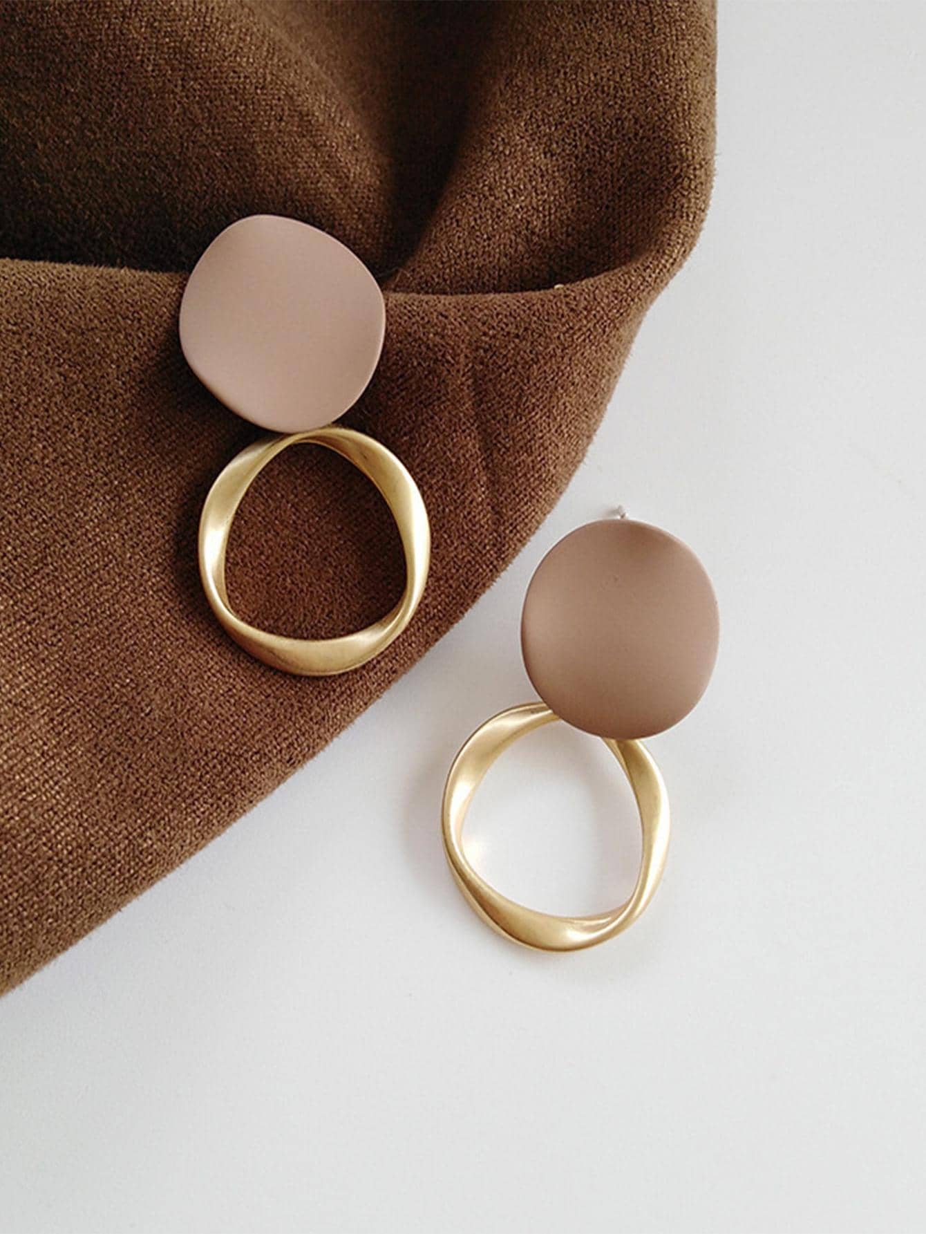 Matte Beige and Gold Drop Earrings – Abstract Oval Statement Earrings for Women