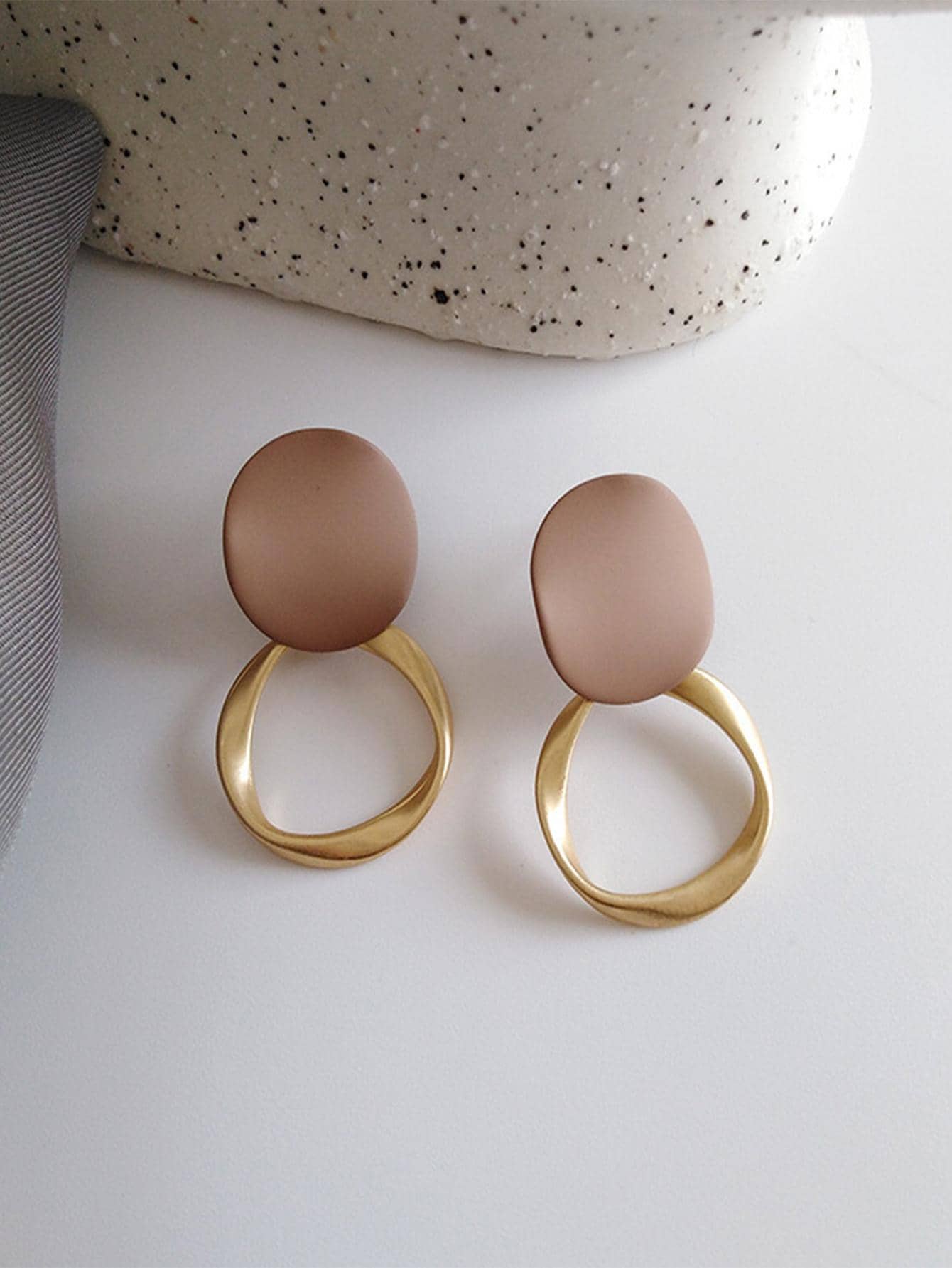 Gold Tone Abstract Drop Earrings – Matte Beige Round and Open Oval Dangle Earrings – Modern Women Fashion Jewelry