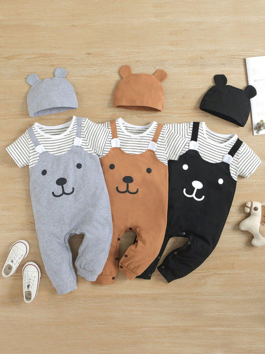 Baby Bear Overall Set, 2-Piece Brown Romper and Striped T-Shirt Outfit with Matching Hat