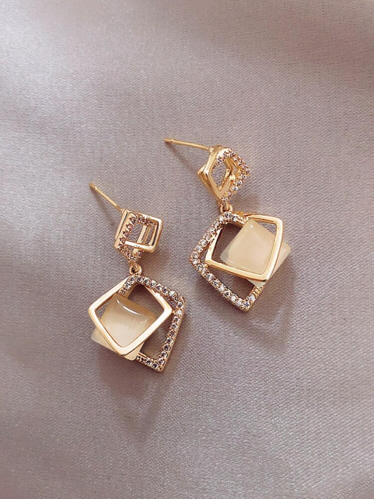 Gold Tone Geometric Drop Earrings – Crystal Accent Layered Square Dangle Earrings – Elegant Women Fashion Jewelry