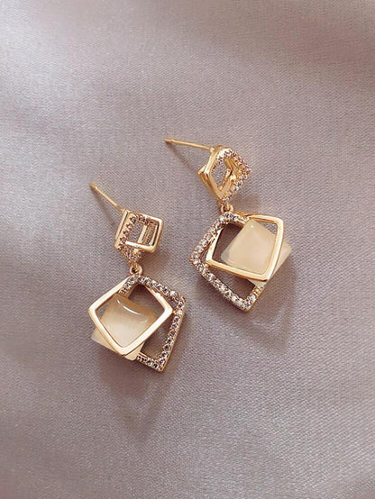 Gold Tone Geometric Drop Earrings – Crystal Accent Layered Square Dangle Earrings – Elegant Women Fashion Jewelry