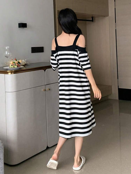 Black & White Striped Cold Shoulder Lounge Dress – Loose Fit Midi Sleep Dress for Women