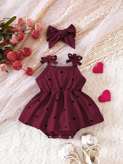 Baby Girls Burgundy Heart Print Romper Dress with Bow Headband