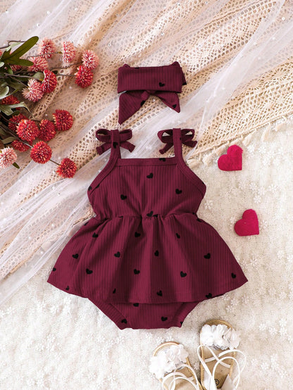 Baby Girls Burgundy Heart Print Romper Dress with Bow Headband