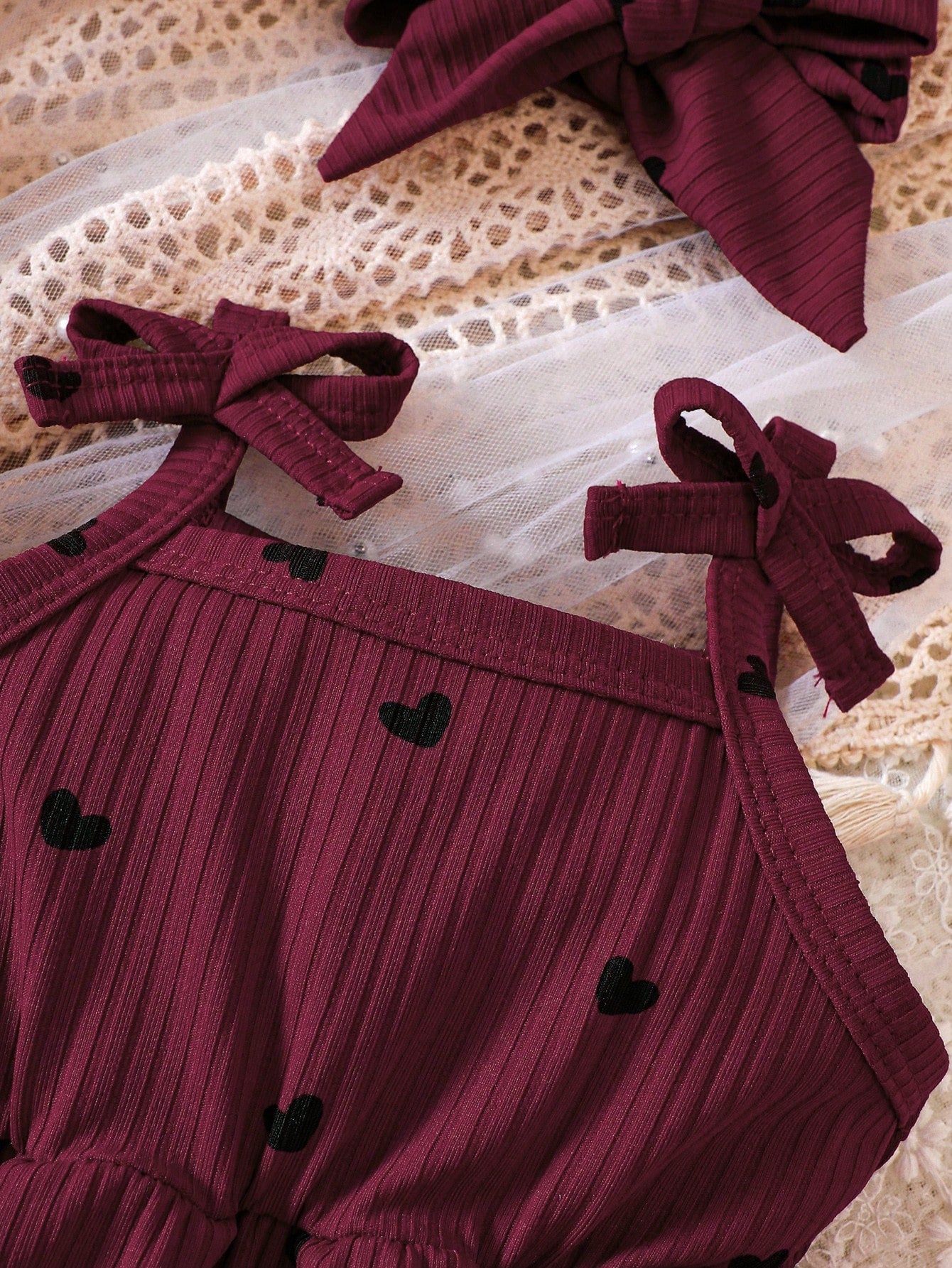 Baby Girls Burgundy Heart Print Romper Dress with Bow Headband