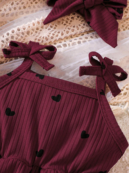 Baby Girls Burgundy Heart Print Romper Dress with Bow Headband
