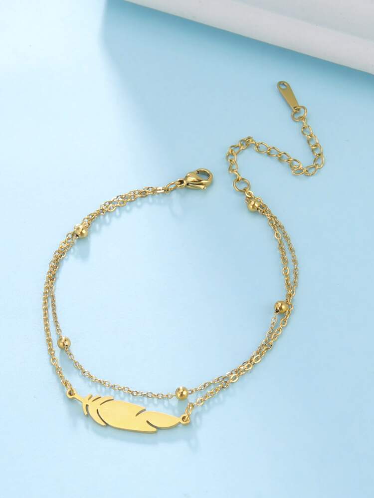 Gold Feather Double Layer Anklet – Minimalist Beaded Chain Ankle Bracelet for Women