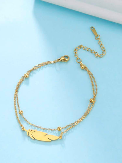 Gold Feather Double Layer Anklet – Minimalist Beaded Chain Ankle Bracelet for Women