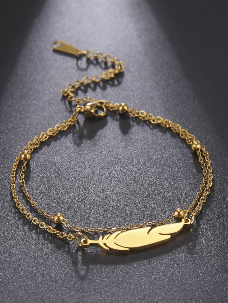 Gold Feather Double Layer Anklet – Minimalist Beaded Chain Ankle Bracelet for Women