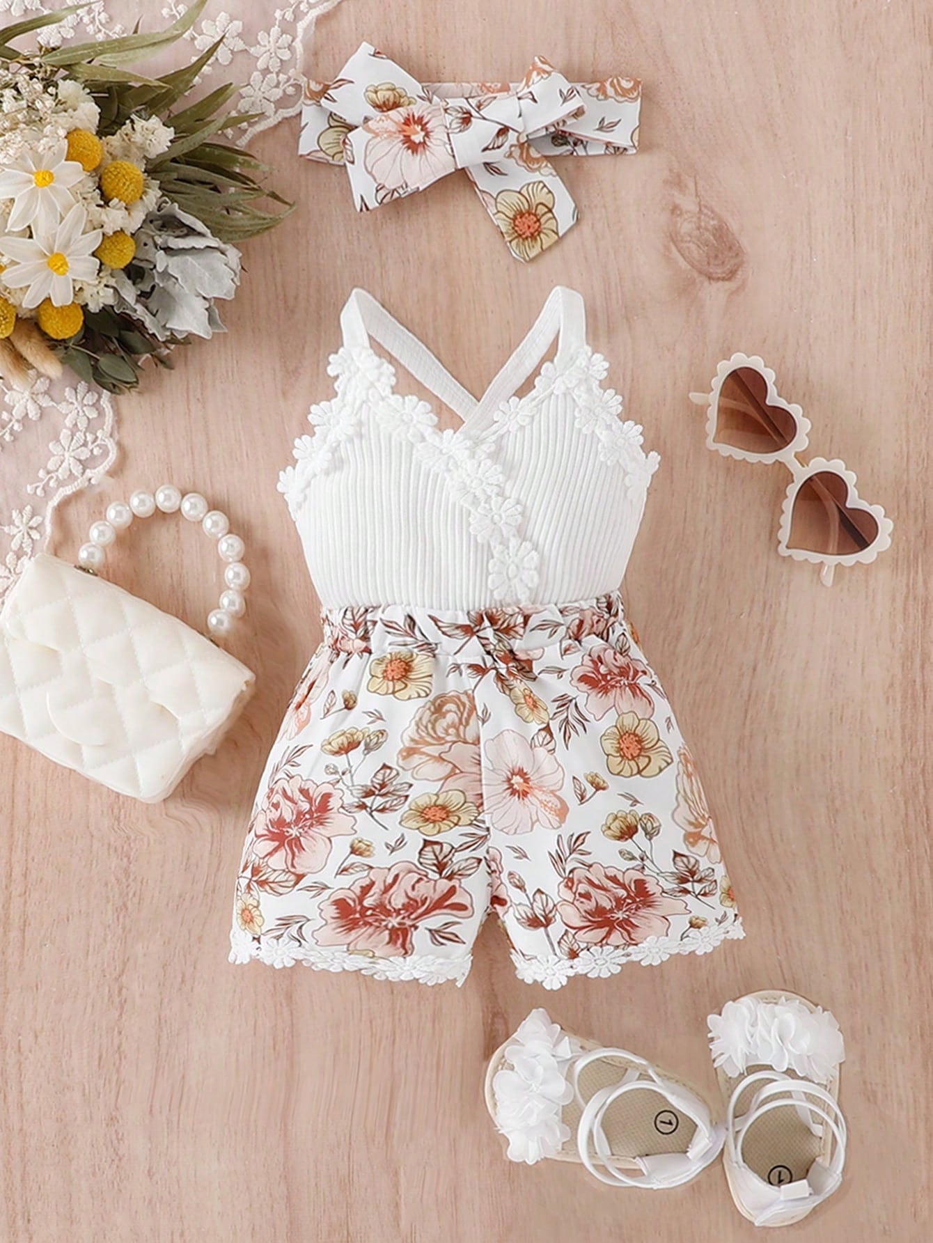 Girls White Floral Ribbed Top & Floral Shorts Set