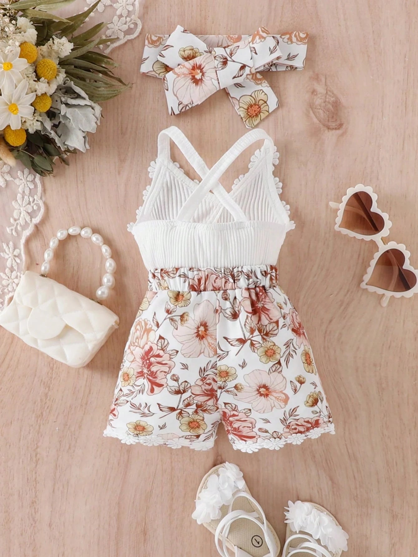 Girls White Floral Ribbed Top & Floral Shorts Set