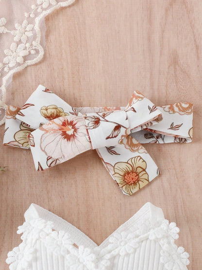 Girls White Floral Ribbed Top & Floral Shorts Set