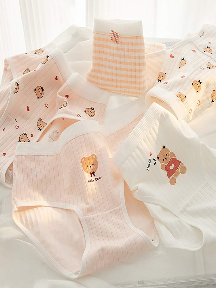 6-Piece Cotton Cartoon Bear Women’s Panty Set – Soft Ribbed Mid Rise Cute Everyday Underwear in Pink & White Tones