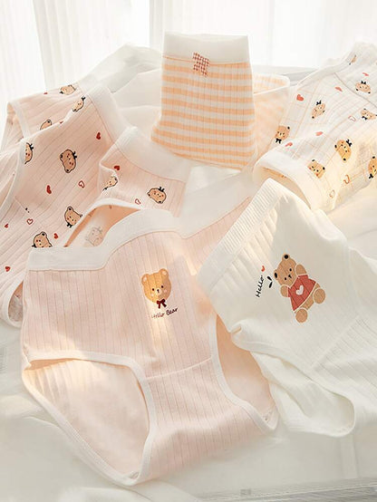 6-Piece Cotton Cartoon Bear Women’s Panty Set – Soft Ribbed Mid Rise Cute Everyday Underwear in Pink & White Tones