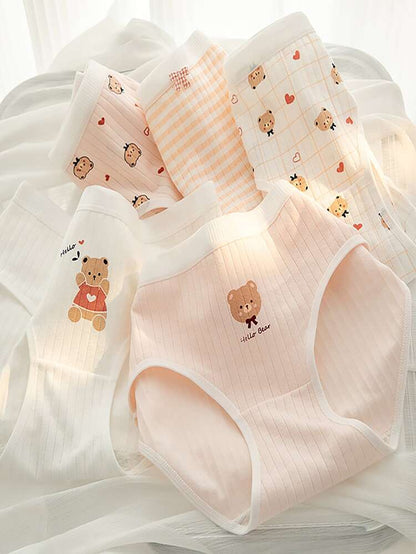 6-Piece Cotton Cartoon Bear Women’s Panty Set – Soft Ribbed Mid Rise Cute Everyday Underwear in Pink & White Tones