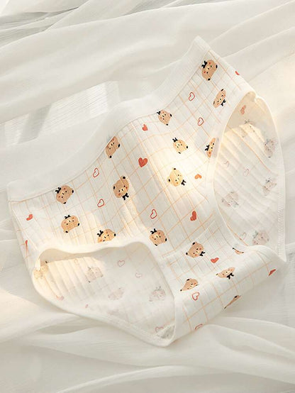 6-Piece Cotton Cartoon Bear Women’s Panty Set – Soft Ribbed Mid Rise Cute Everyday Underwear in Pink & White Tones