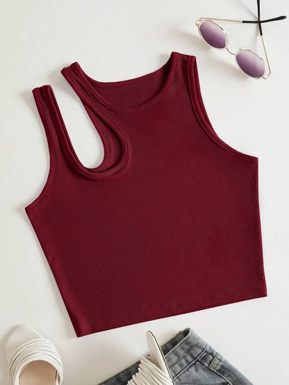 Women’s Burgundy Ribbed Asymmetrical Tank Top – Sleeveless Cutout Summer Crop Top