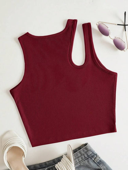 Women’s Burgundy Ribbed Asymmetrical Tank Top – Sleeveless Cutout Summer Crop Top